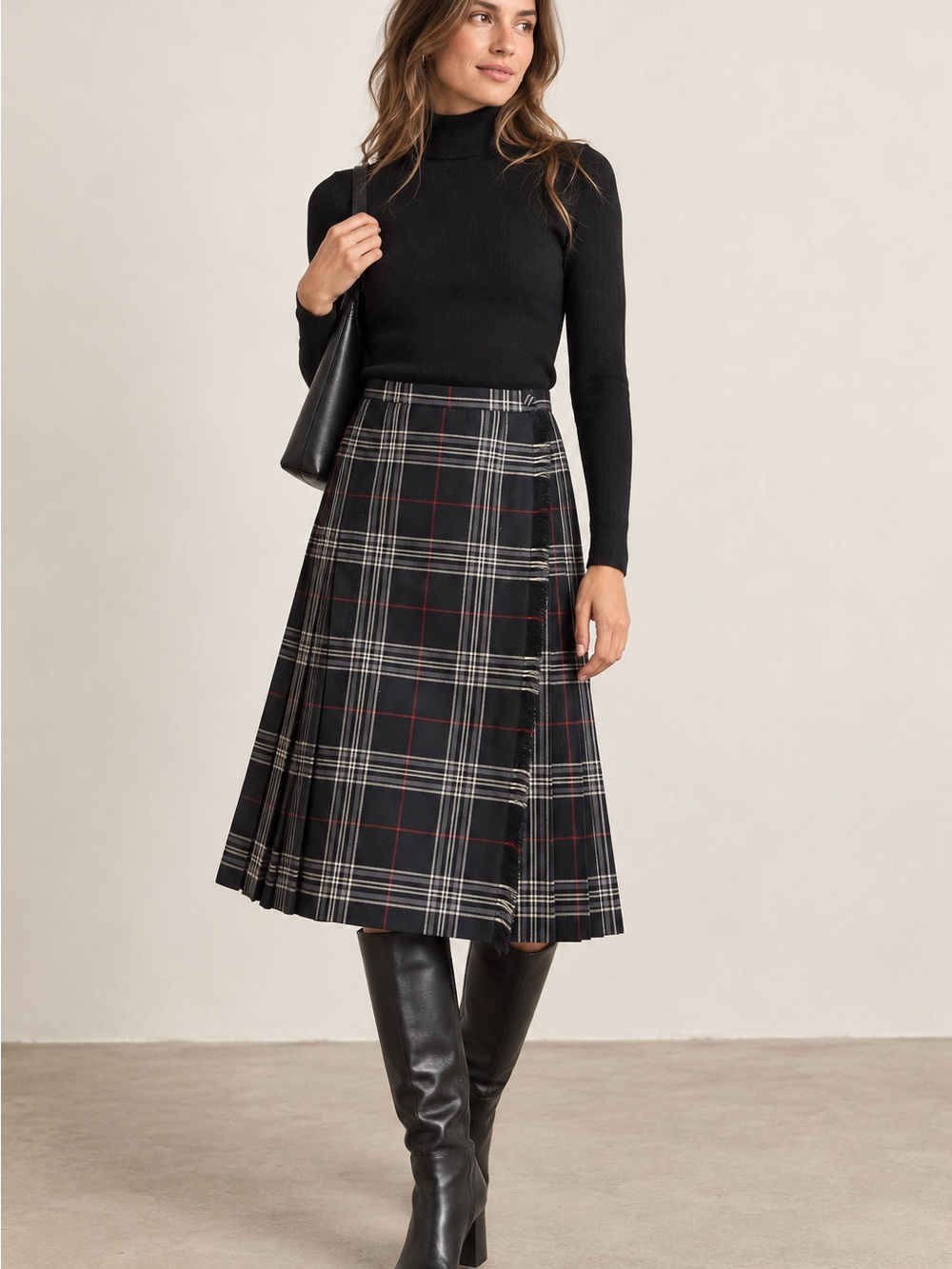 Pleated Plaid Midi Skirt - Black with Cream & Red Windowpane